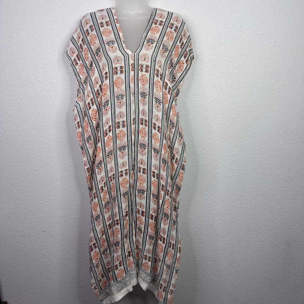 Roller Rabbit Poppa Salome Linen Kaftan Dress OS Orange Coastal‎ Vacation Boho